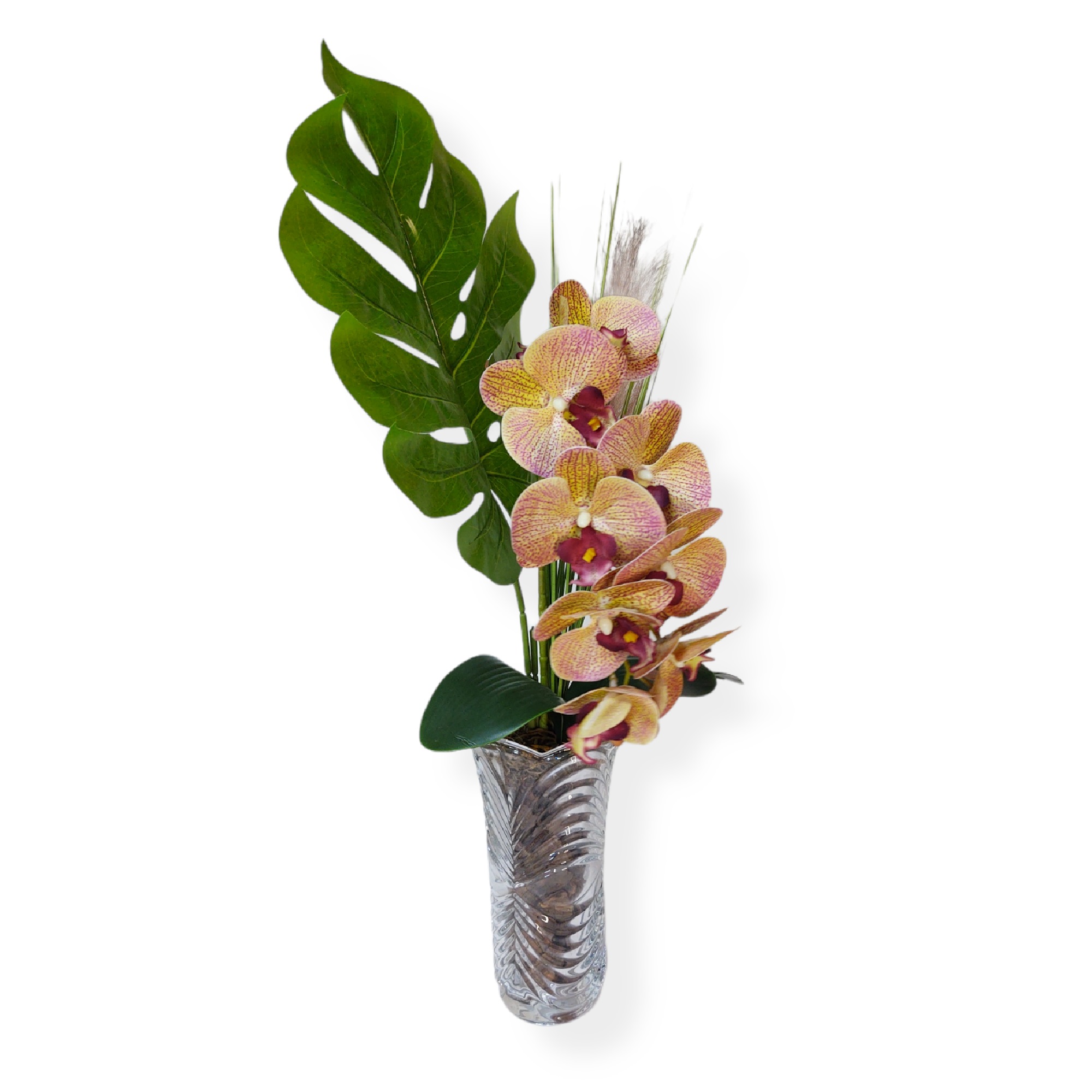 ARRANJO ORQUIDEA  SILICONE  C/ COSTELA DE ADAO LARANJA